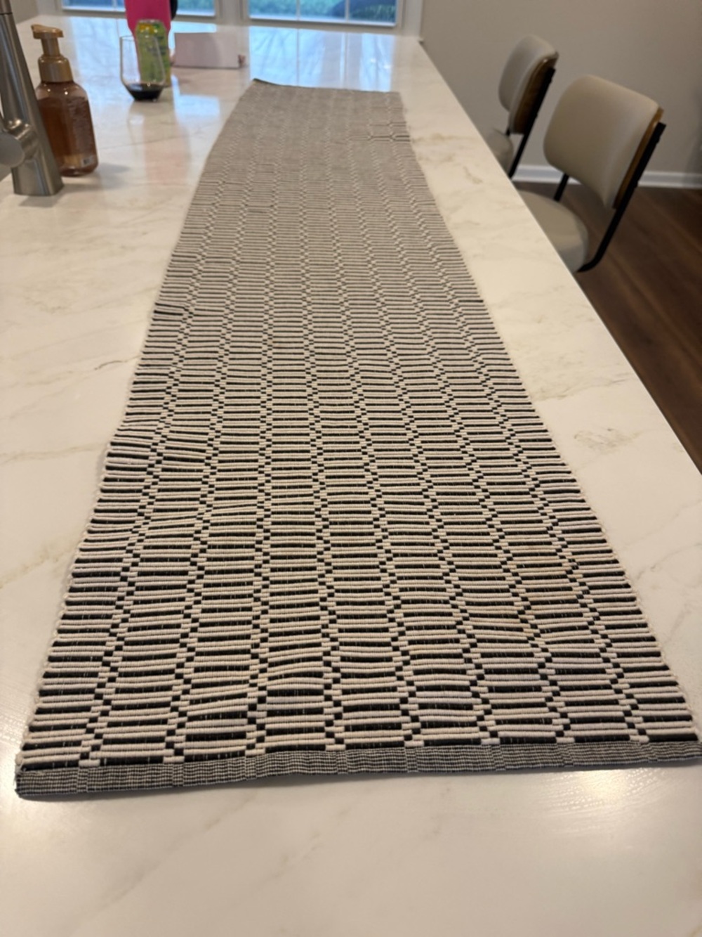 Neutral Black & White Woven Table Runner - Modern Geometric Design